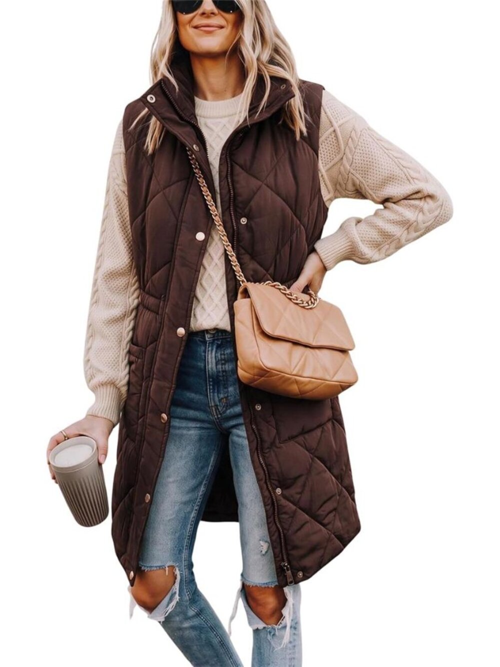 Women's Long Puffer Vest Sleeveless Zip Up Stand Collar Padded Gilet Coat with